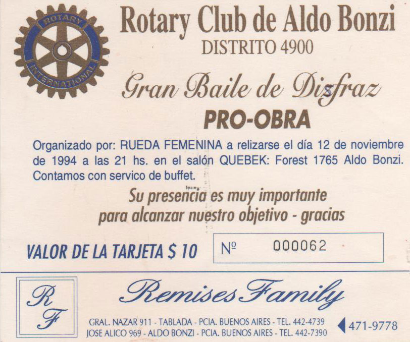 Tarjeta de invitación Baile de disfraz Pro Obra 1994  -  Rotary Club de Aldo Bonzi